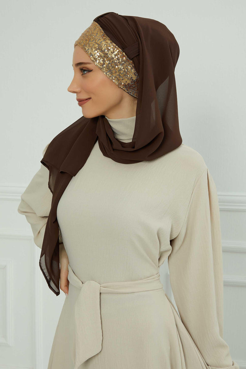 Instant Chiffon Shawl Elegant Ready to Wear Turban Head Wrap Scarf with Sequin Front Band,PBS-1P