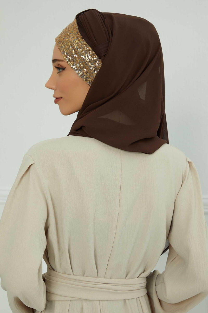 Instant Chiffon Shawl Elegant Ready to Wear Turban Head Wrap Scarf with Sequin Front Band,PBS-1P