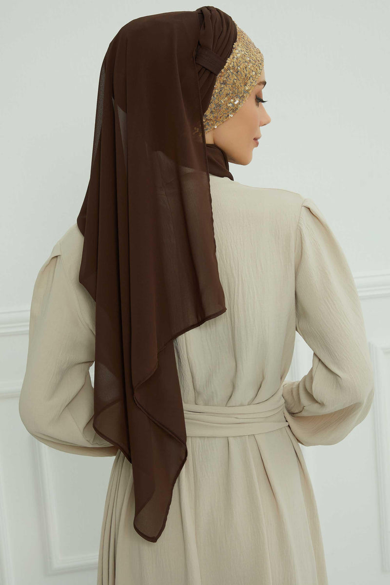 Instant Chiffon Shawl Elegant Ready to Wear Turban Head Wrap Scarf with Sequin Front Band,PBS-1P