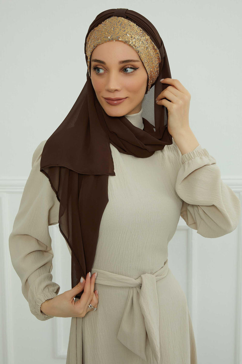 Instant Chiffon Shawl Elegant Ready to Wear Turban Head Wrap Scarf with Sequin Front Band,PBS-1P
