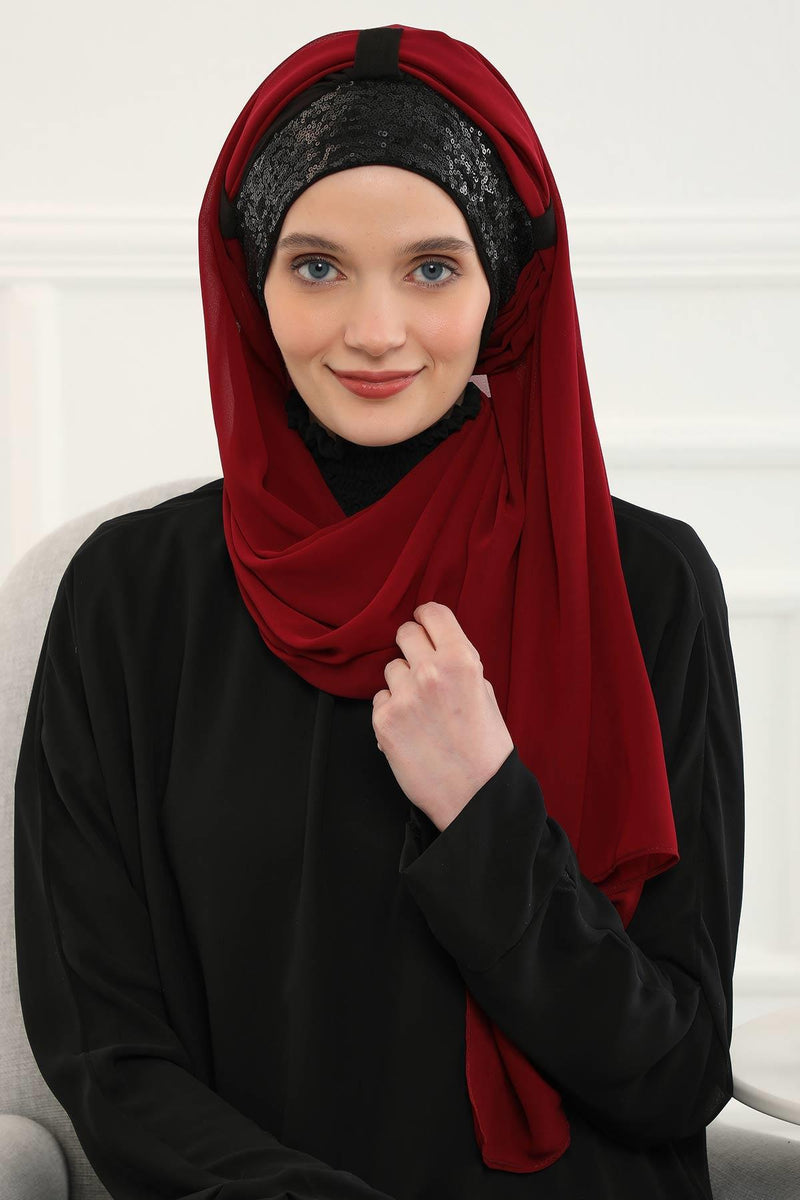 Instant Chiffon Shawl Elegant Ready to Wear Turban Head Wrap Scarf with Sequin Front Band,PBS-1P