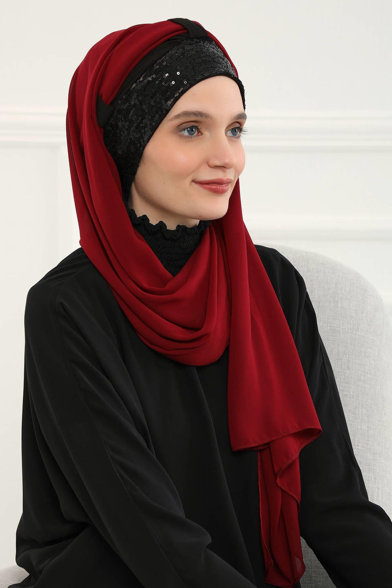 Instant Chiffon Shawl Elegant Ready to Wear Turban Head Wrap Scarf with Sequin Front Band,PBS-1P