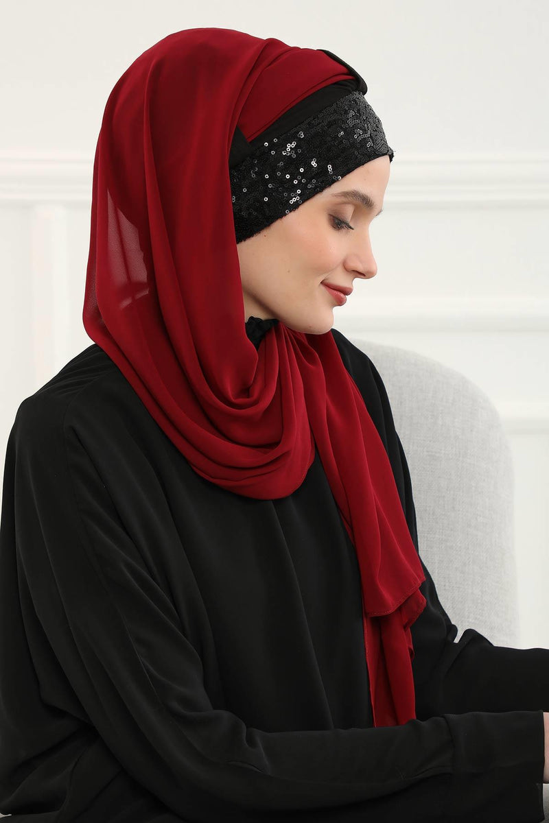 Instant Chiffon Shawl Elegant Ready to Wear Turban Head Wrap Scarf with Sequin Front Band,PBS-1P