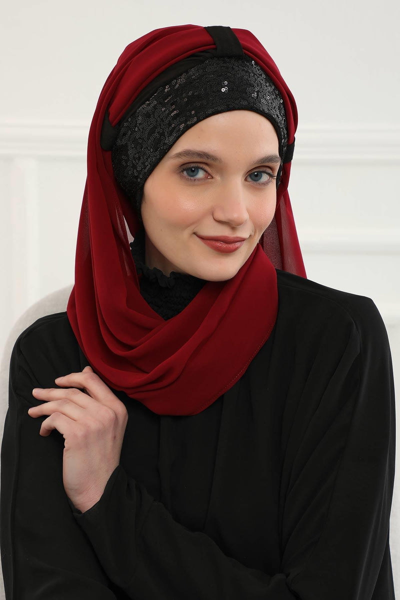 Instant Chiffon Shawl Elegant Ready to Wear Turban Head Wrap Scarf with Sequin Front Band,PBS-1P