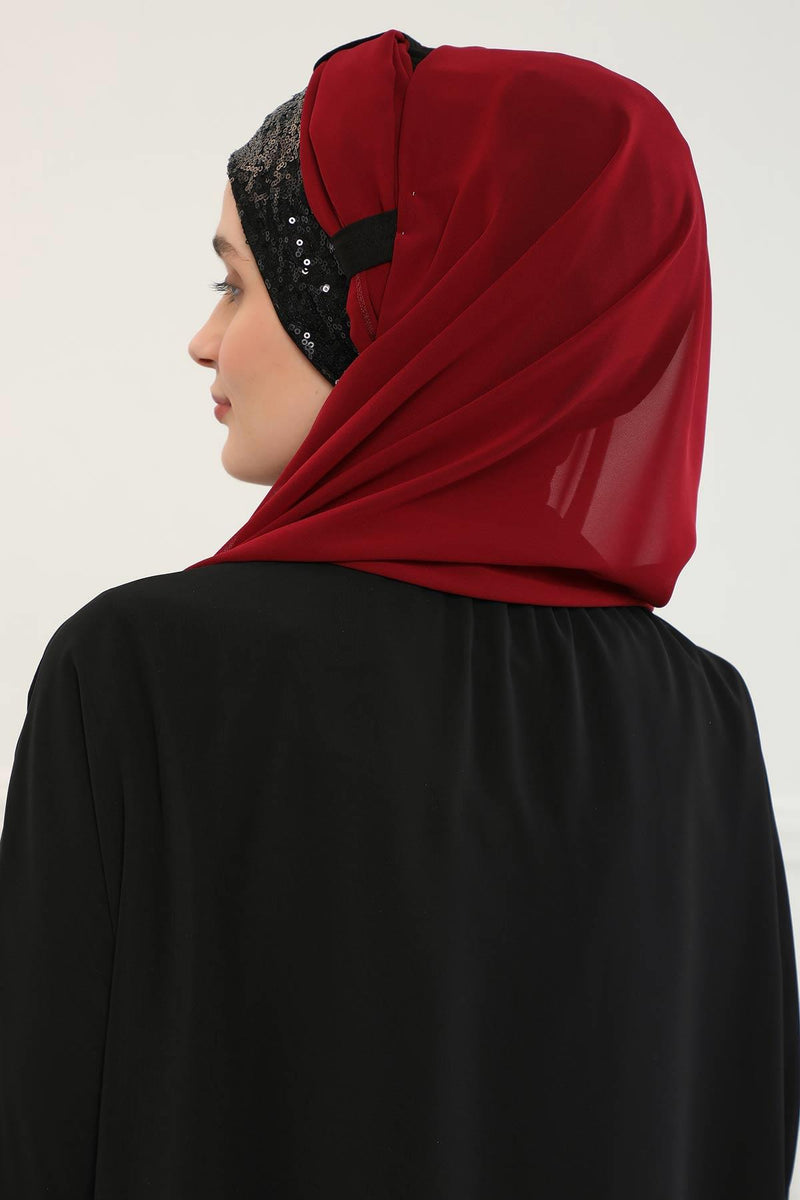 Instant Chiffon Shawl Elegant Ready to Wear Turban Head Wrap Scarf with Sequin Front Band,PBS-1P