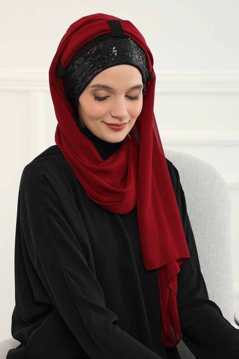 Instant Chiffon Shawl Elegant Ready to Wear Turban Head Wrap Scarf with Sequin Front Band,PBS-1P
