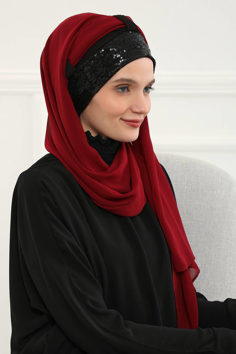 Instant Chiffon Shawl Elegant Ready to Wear Turban Head Wrap Scarf with Sequin Front Band,PBS-1P