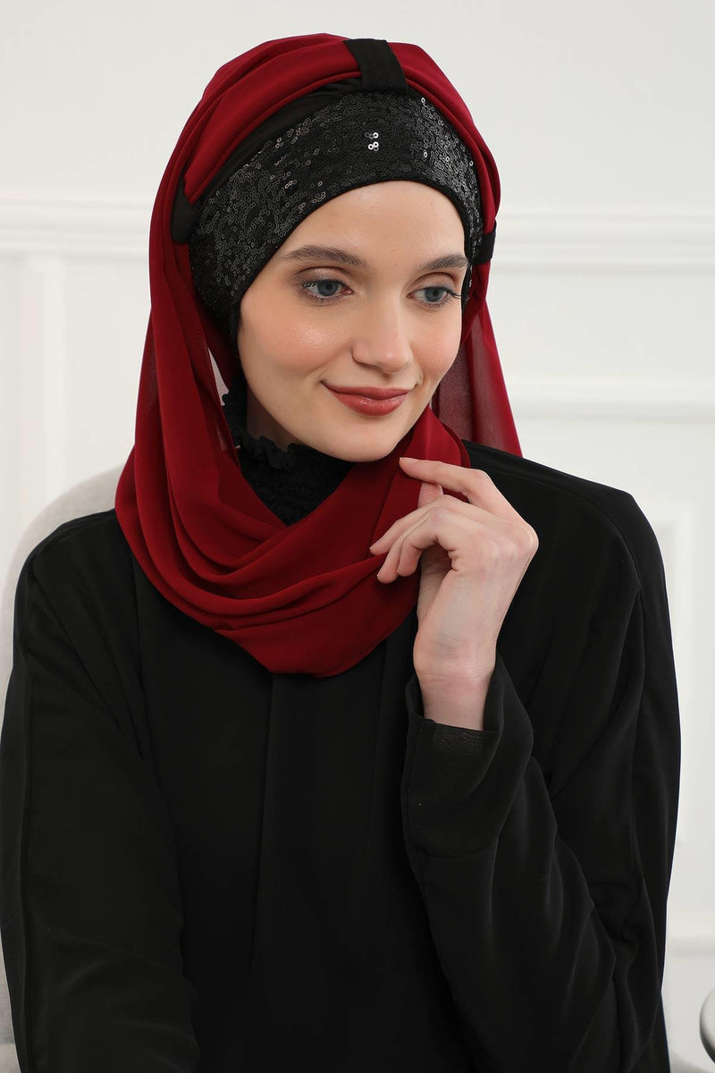 Instant Chiffon Shawl Elegant Ready to Wear Turban Head Wrap Scarf with Sequin Front Band,PBS-1P