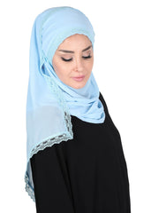 Instant Chiffon Shawl for Women Trimmed Instant Scarf Chiffon Modesty Turban Cap Head Wrap with Lace,CPS-28 Baby Blue