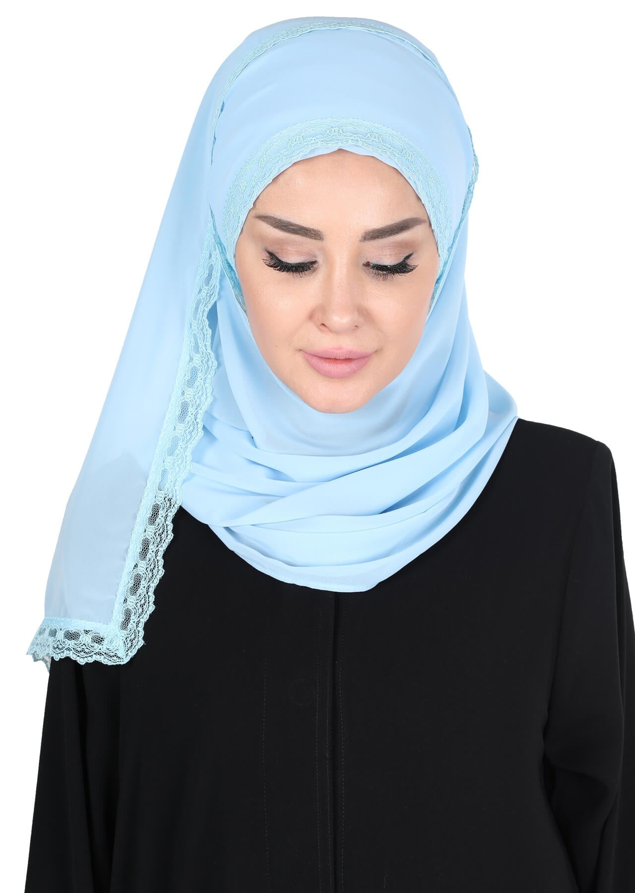 Instant Chiffon Shawl for Women Trimmed Instant Scarf Chiffon Modesty Turban Cap Head Wrap with Lace,CPS-28 Baby Blue