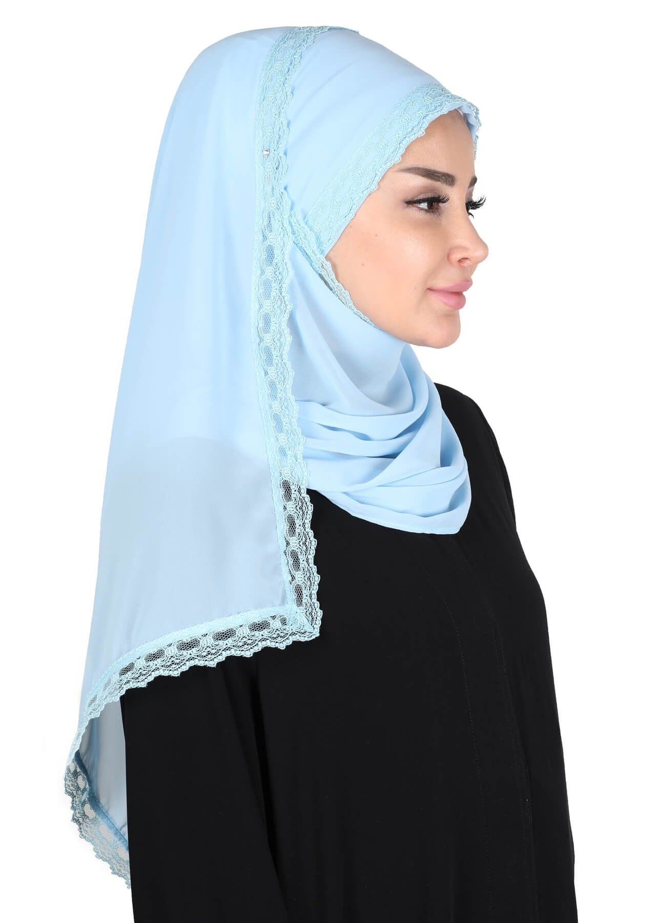 Instant Chiffon Shawl for Women Trimmed Instant Scarf Chiffon Modesty Turban Cap Head Wrap with Lace,CPS-28 Baby Blue