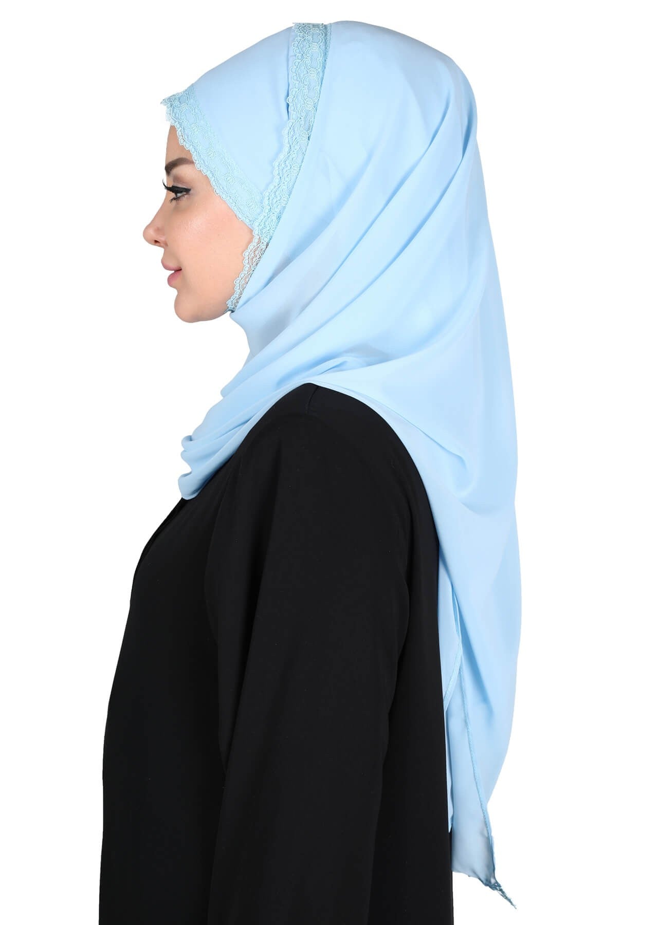 Instant Chiffon Shawl for Women Trimmed Instant Scarf Chiffon Modesty Turban Cap Head Wrap with Lace,CPS-28 Baby Blue