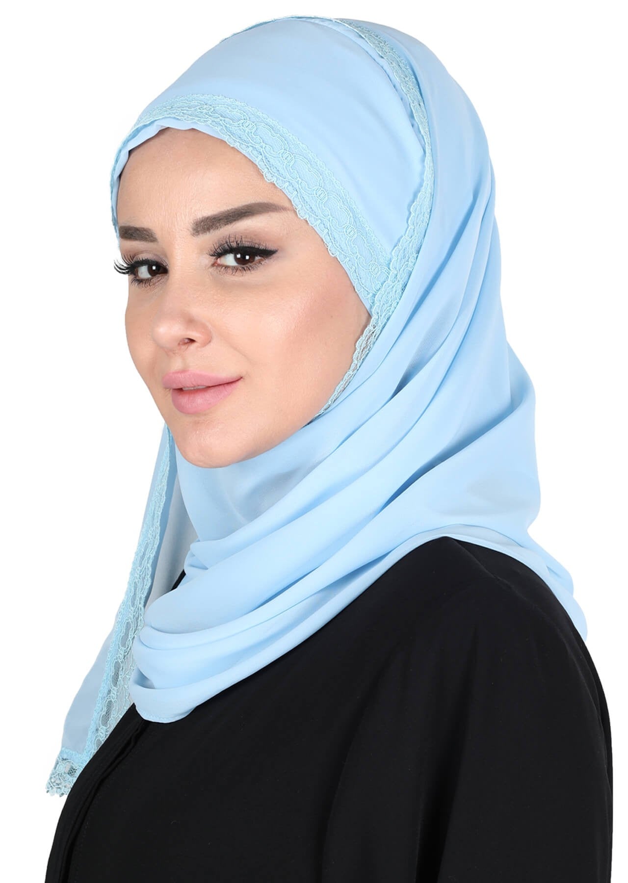 Instant Chiffon Shawl for Women Trimmed Instant Scarf Chiffon Modesty Turban Cap Head Wrap with Lace,CPS-28 Baby Blue