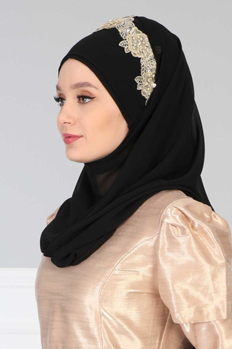Instant Chiffon Shawl for Women Trimmed Instant Scarf Chiffon Modesty Turban Cap Head Wrap with Lace,CPS-11 Black - Gold