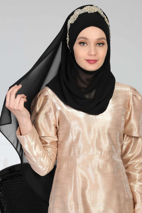 Instant Chiffon Shawl for Women Trimmed Instant Scarf Chiffon Modesty Turban Cap Head Wrap with Lace,CPS-11 Black - Gold