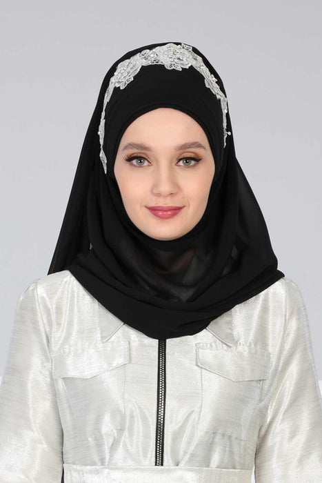 Instant Chiffon Shawl for Women Trimmed Instant Scarf Chiffon Modesty Turban Cap Head Wrap with Lace,CPS-11 Black - Gold