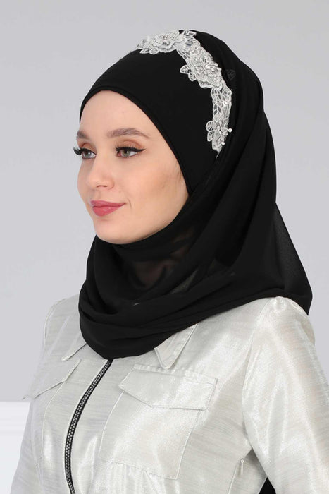 Instant Chiffon Shawl for Women Trimmed Instant Scarf Chiffon Modesty Turban Cap Head Wrap with Lace,CPS-11 Black - Gold