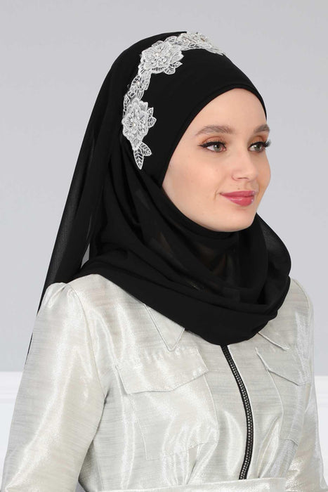 Instant Chiffon Shawl for Women Trimmed Instant Scarf Chiffon Modesty Turban Cap Head Wrap with Lace,CPS-11 Black - Gold