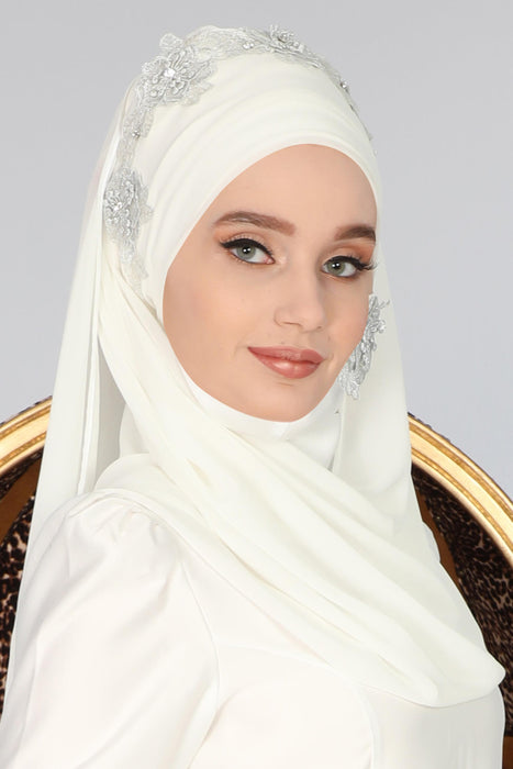 Instant Chiffon Shawl for Women Trimmed Instant Scarf Chiffon Modesty Turban Cap Head Wrap with Lace,CPS-11 Off-White - Silver