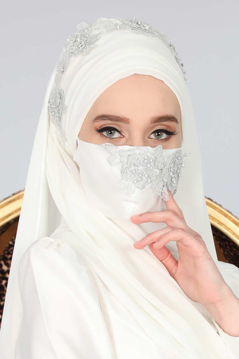 Instant Chiffon Shawl for Women Trimmed Instant Scarf Chiffon Modesty Turban Cap Head Wrap with Lace,CPS-11 Off-White - Silver