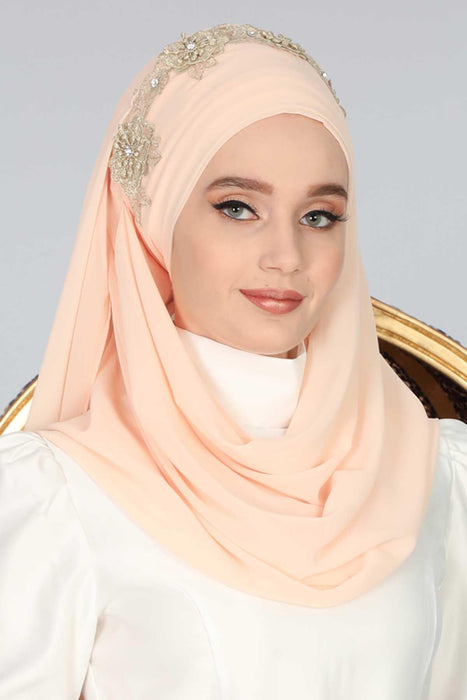 Instant Chiffon Shawl for Women Trimmed Instant Scarf Chiffon Modesty Turban Cap Head Wrap with Lace,CPS-11 Beige - Gold