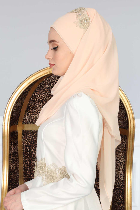 Instant Chiffon Shawl for Women Trimmed Instant Scarf Chiffon Modesty Turban Cap Head Wrap with Lace,CPS-11 Beige - Gold