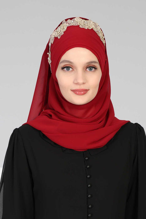 Instant Chiffon Shawl for Women Trimmed Instant Scarf Chiffon Modesty Turban Cap Head Wrap with Lace,CPS-11 Beige - Gold