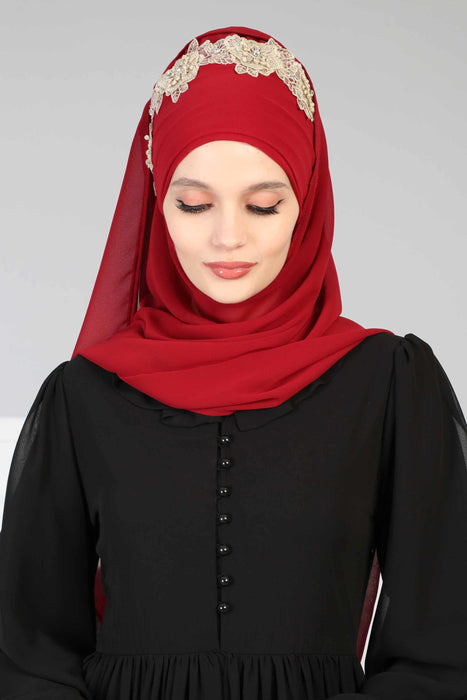 Instant Chiffon Shawl for Women Trimmed Instant Scarf Chiffon Modesty Turban Cap Head Wrap with Lace,CPS-11 Beige - Gold