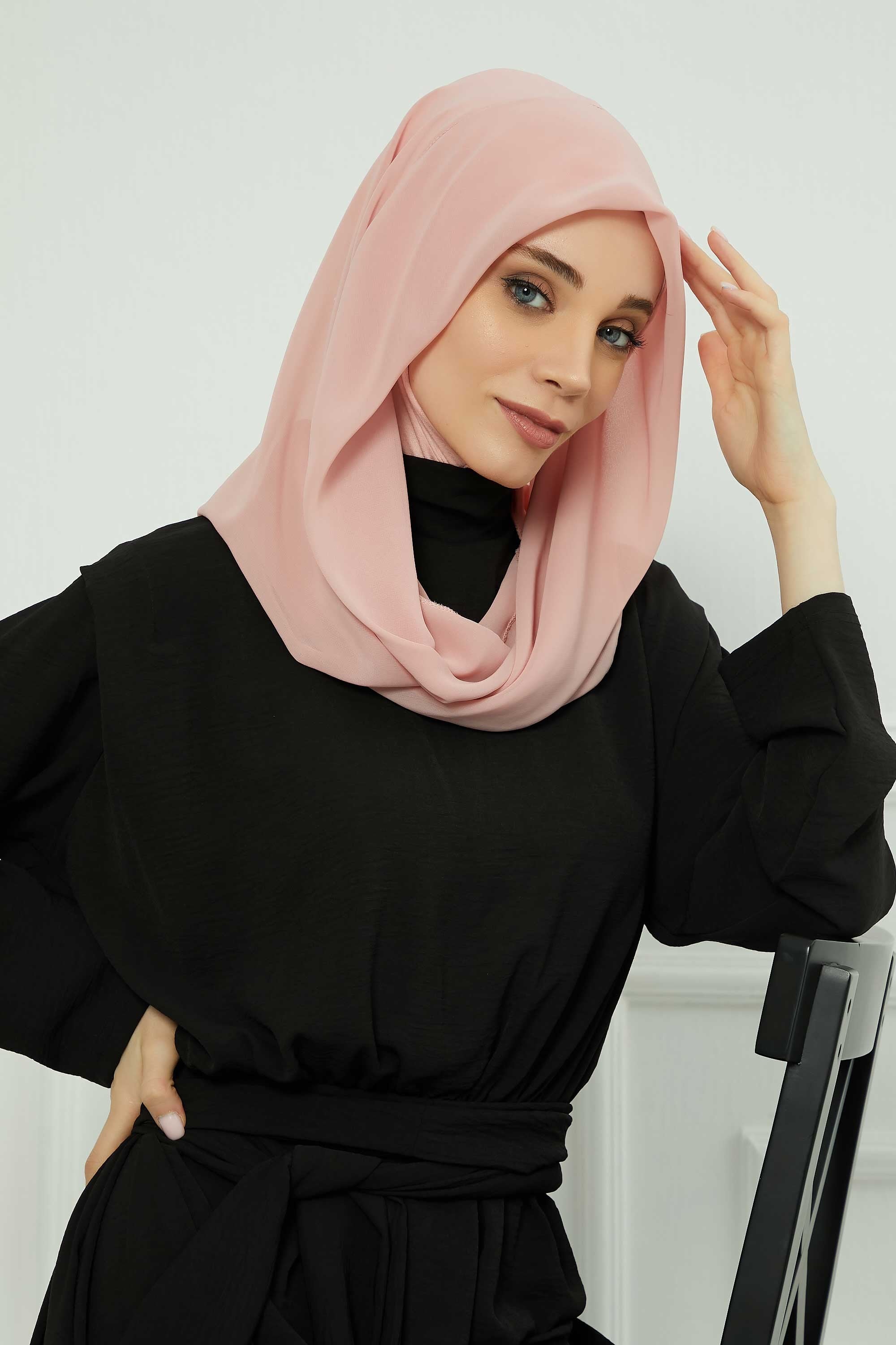 Instant Chiffon Shawl for Women With Cotton Bonnet Chiffon Turban Cap Head Wrap Instant Turban Scarf,PS-45 Powder