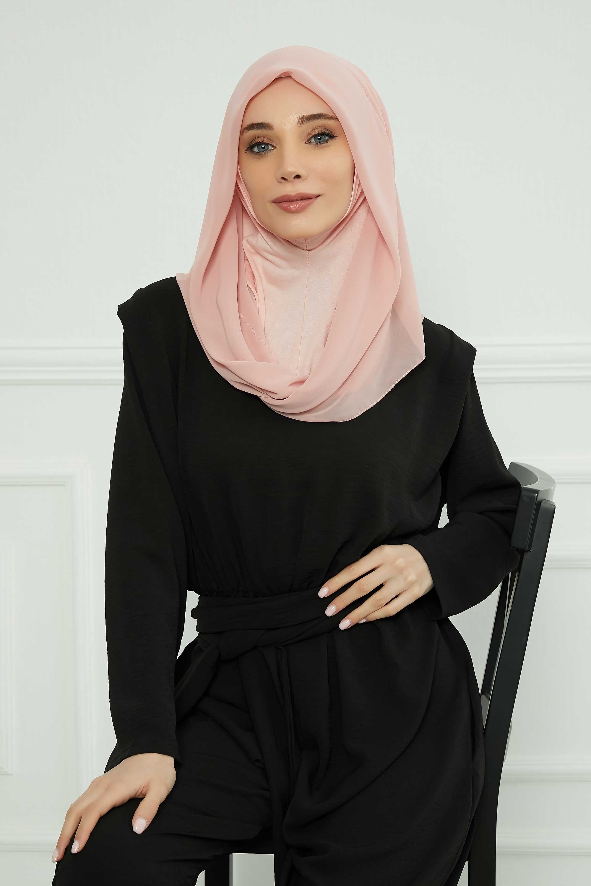 Instant Chiffon Shawl for Women With Cotton Bonnet Chiffon Turban Cap Head Wrap Instant Turban Scarf,PS-45 Powder