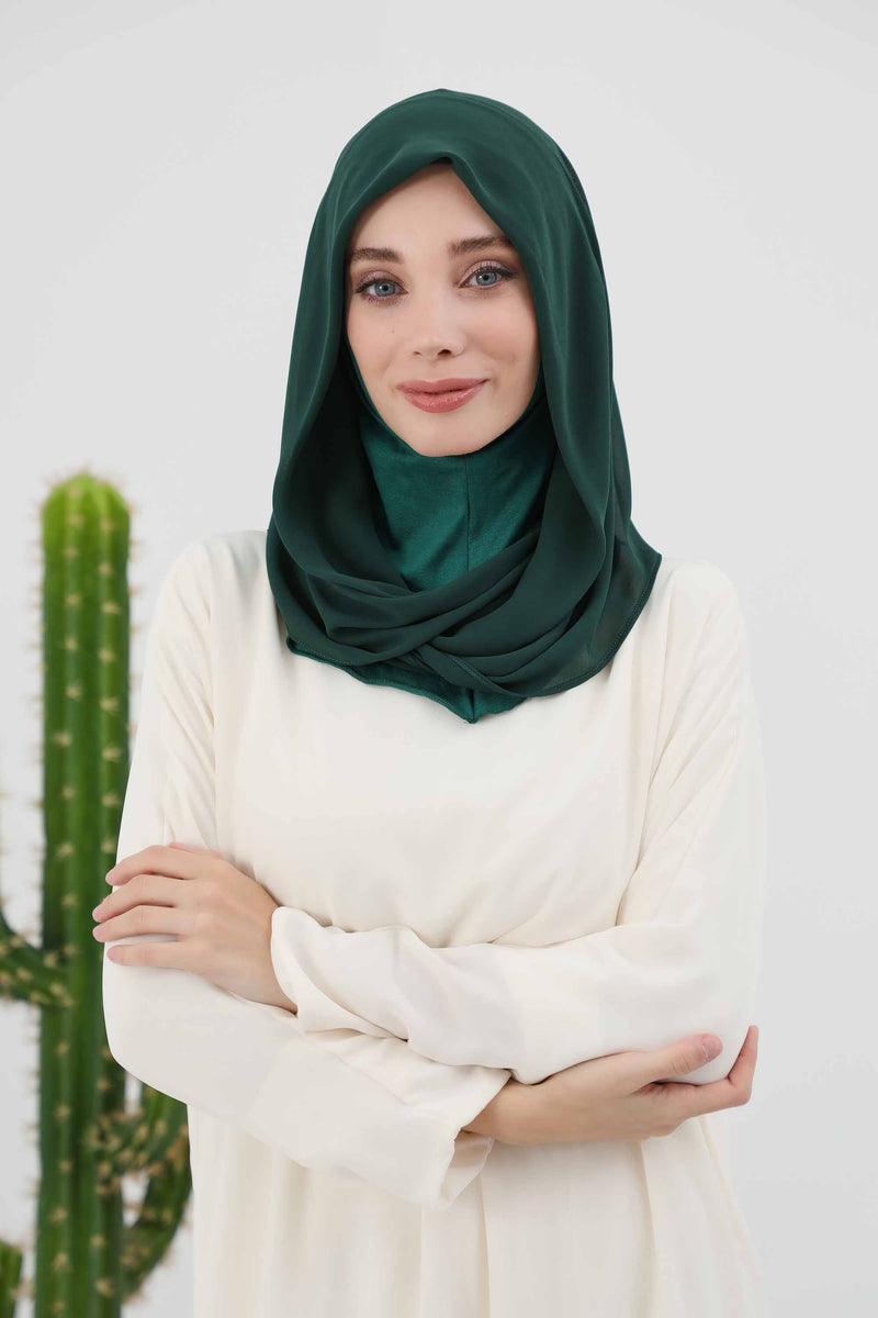 Instant Chiffon Shawl for Women With Cotton Bonnet Chiffon Turban Cap Head Wrap Instant Turban Scarf,PS-45 Dark Green