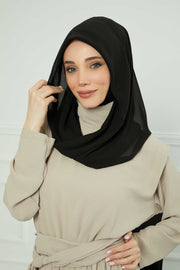 Instant Chiffon Shawl for Women With Cotton Bonnet Chiffon Turban Cap Head Wrap Instant Turban Scarf,PS-45 Black