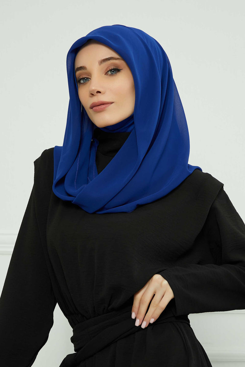 Instant Chiffon Shawl for Women With Cotton Bonnet Chiffon Turban Cap Head Wrap Instant Turban Scarf,PS-45 Sax Blue