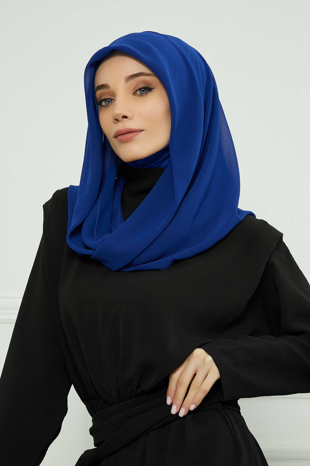 Instant Chiffon Shawl for Women With Cotton Bonnet Chiffon Turban Cap Head Wrap Instant Turban Scarf,PS-45 Sax Blue
