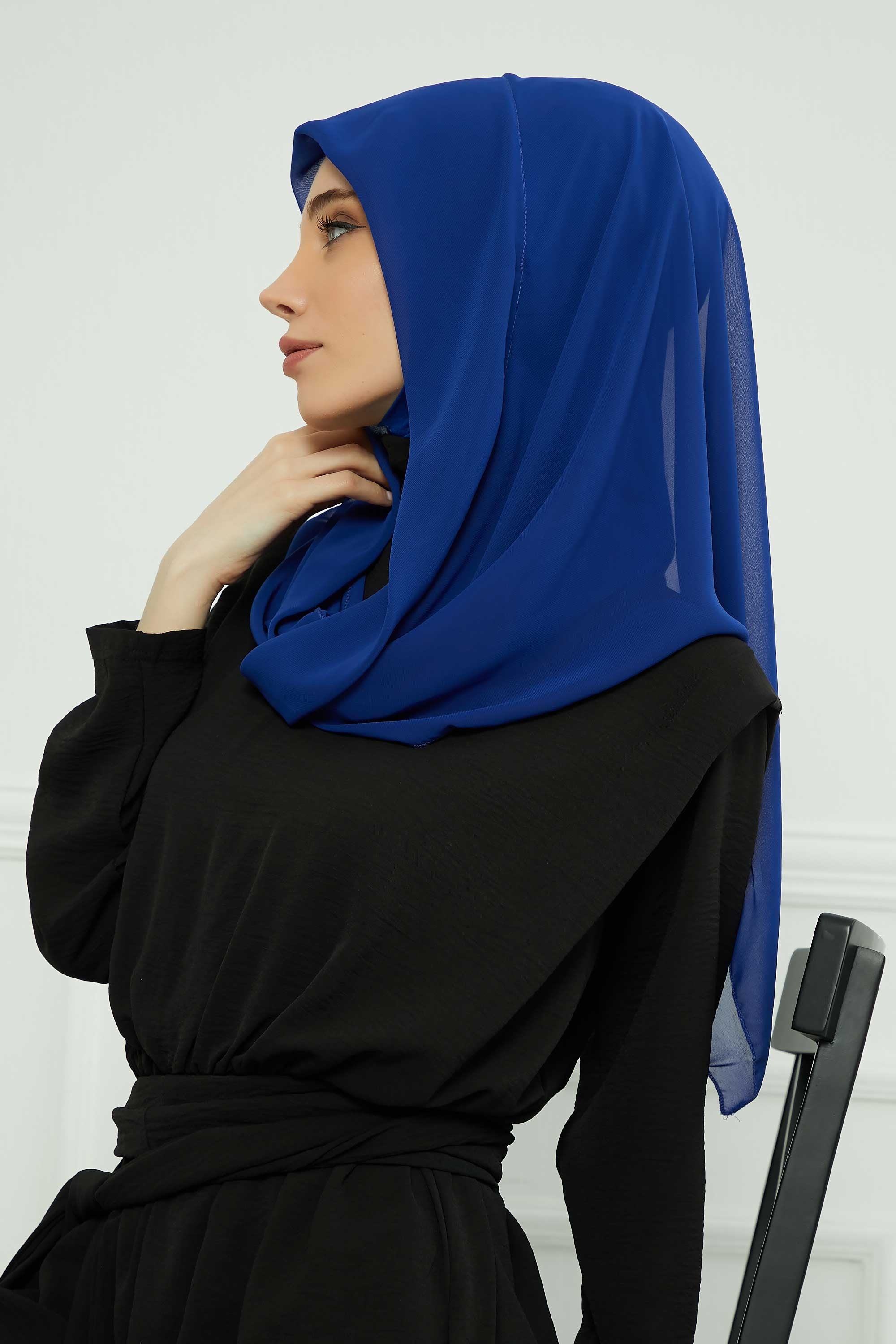 Instant Chiffon Shawl for Women With Cotton Bonnet Chiffon Turban Cap Head Wrap Instant Turban Scarf,PS-45 Sax Blue