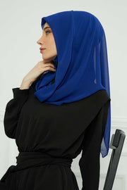 Instant Chiffon Shawl for Women With Cotton Bonnet Chiffon Turban Cap Head Wrap Instant Turban Scarf,PS-45 Sax Blue