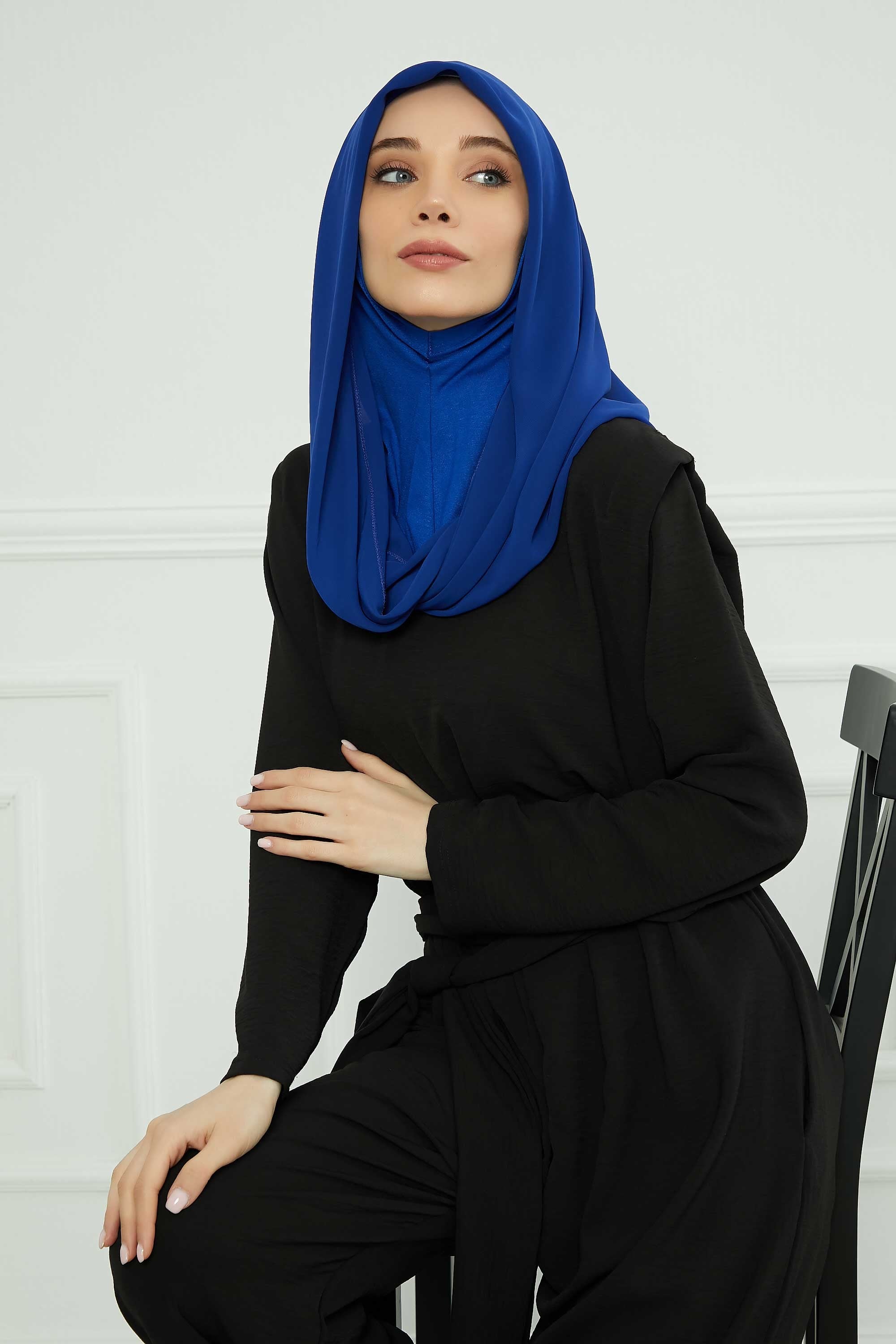 Instant Chiffon Shawl for Women With Cotton Bonnet Chiffon Turban Cap Head Wrap Instant Turban Scarf,PS-45 Sax Blue