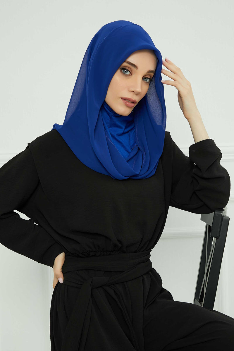 Instant Chiffon Shawl for Women With Cotton Bonnet Chiffon Turban Cap Head Wrap Instant Turban Scarf,PS-45 Sax Blue