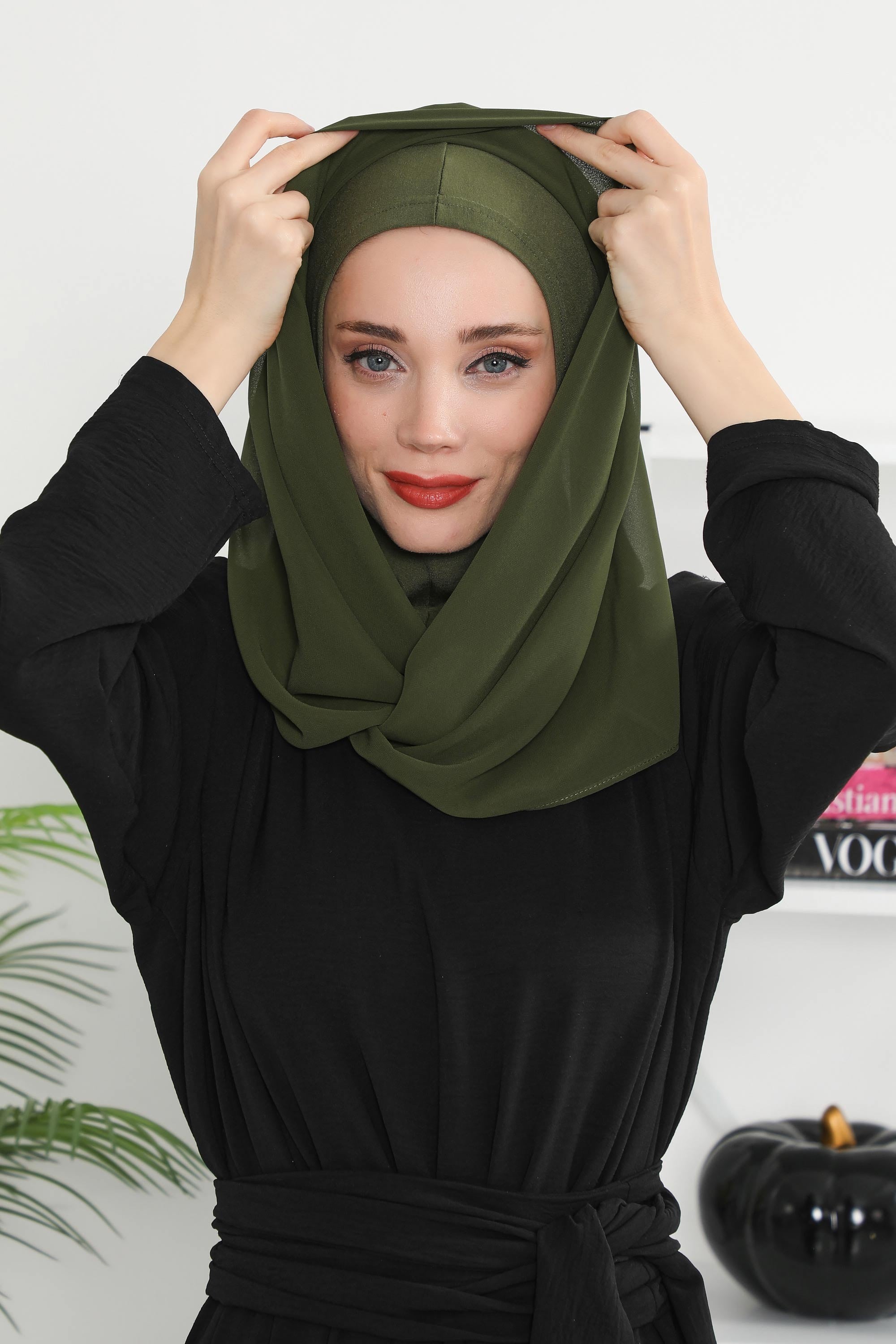 Instant Chiffon Shawl for Women With Cotton Bonnet Chiffon Turban Cap Head Wrap Instant Turban Scarf,PS-45 Army Green