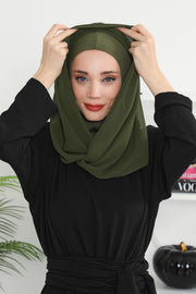 Instant Chiffon Shawl for Women With Cotton Bonnet Chiffon Turban Cap Head Wrap Instant Turban Scarf,PS-45 Army Green