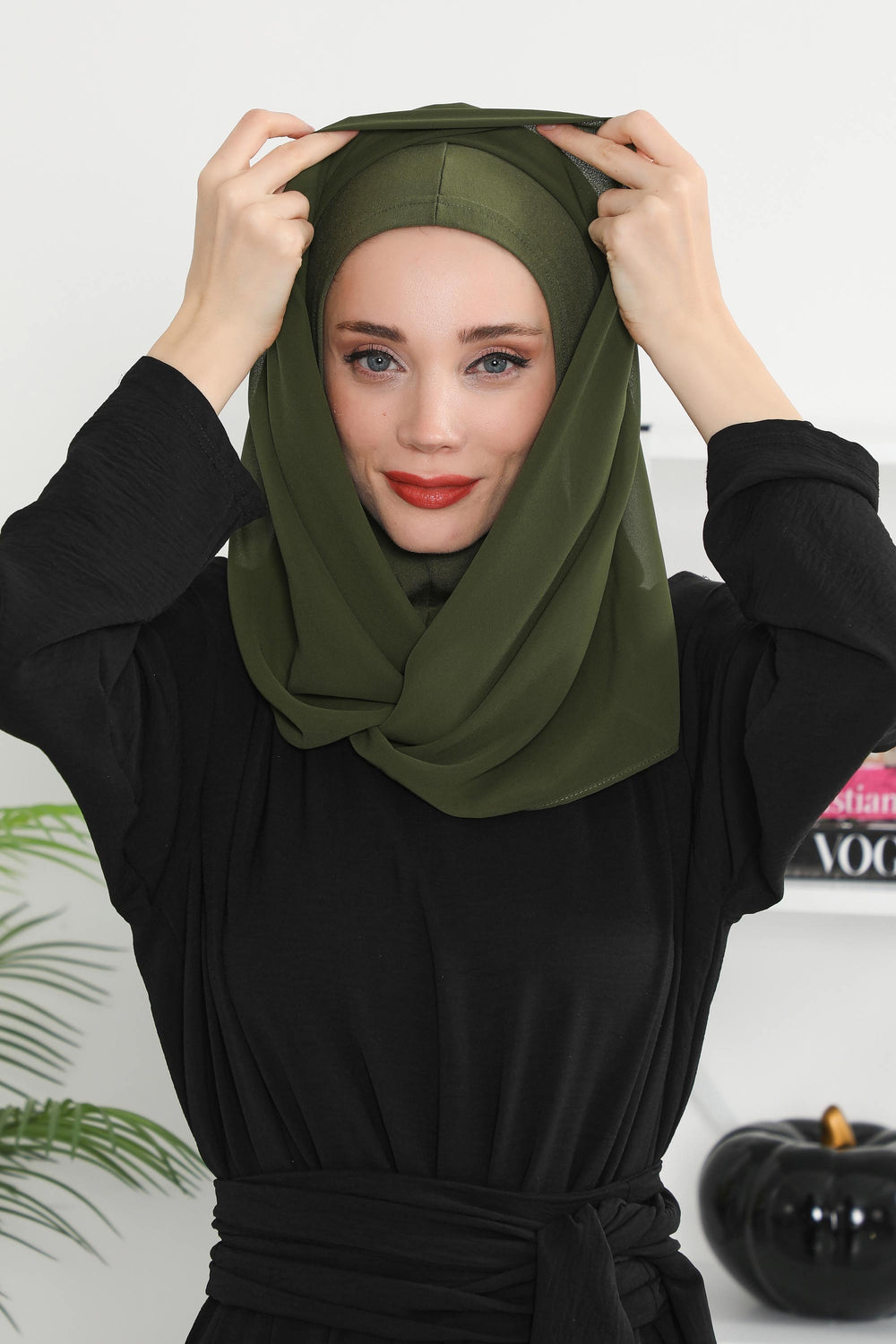 Instant Chiffon Shawl for Women With Cotton Bonnet Chiffon Turban Cap Head Wrap Instant Turban Scarf,PS-45 Army Green