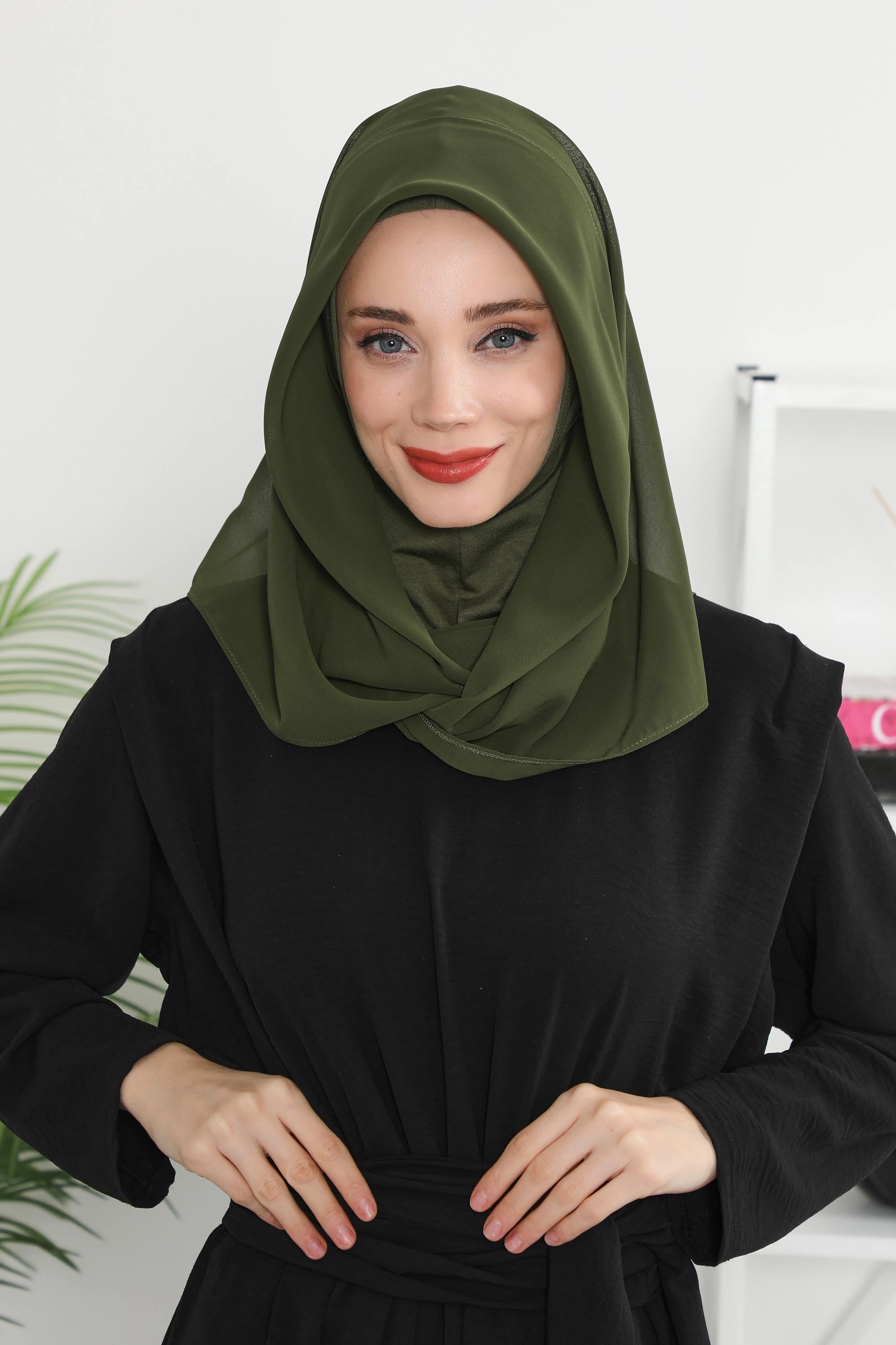 Instant Chiffon Shawl for Women With Cotton Bonnet Chiffon Turban Cap Head Wrap Instant Turban Scarf,PS-45 Army Green