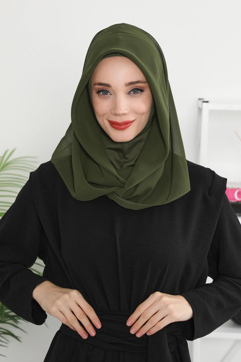 Instant Chiffon Shawl for Women With Cotton Bonnet Chiffon Turban Cap Head Wrap Instant Turban Scarf,PS-45 Army Green