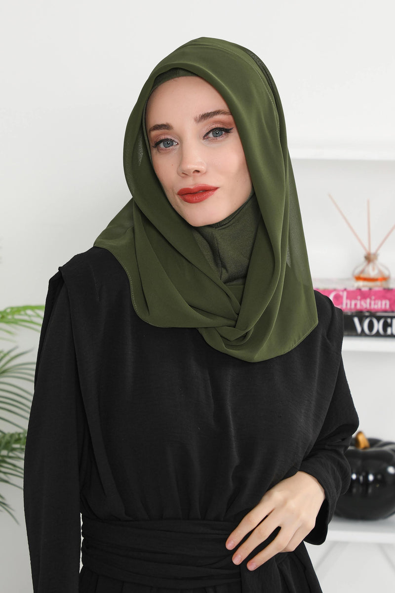 Instant Chiffon Shawl for Women With Cotton Bonnet Chiffon Turban Cap Head Wrap Instant Turban Scarf,PS-45 Army Green