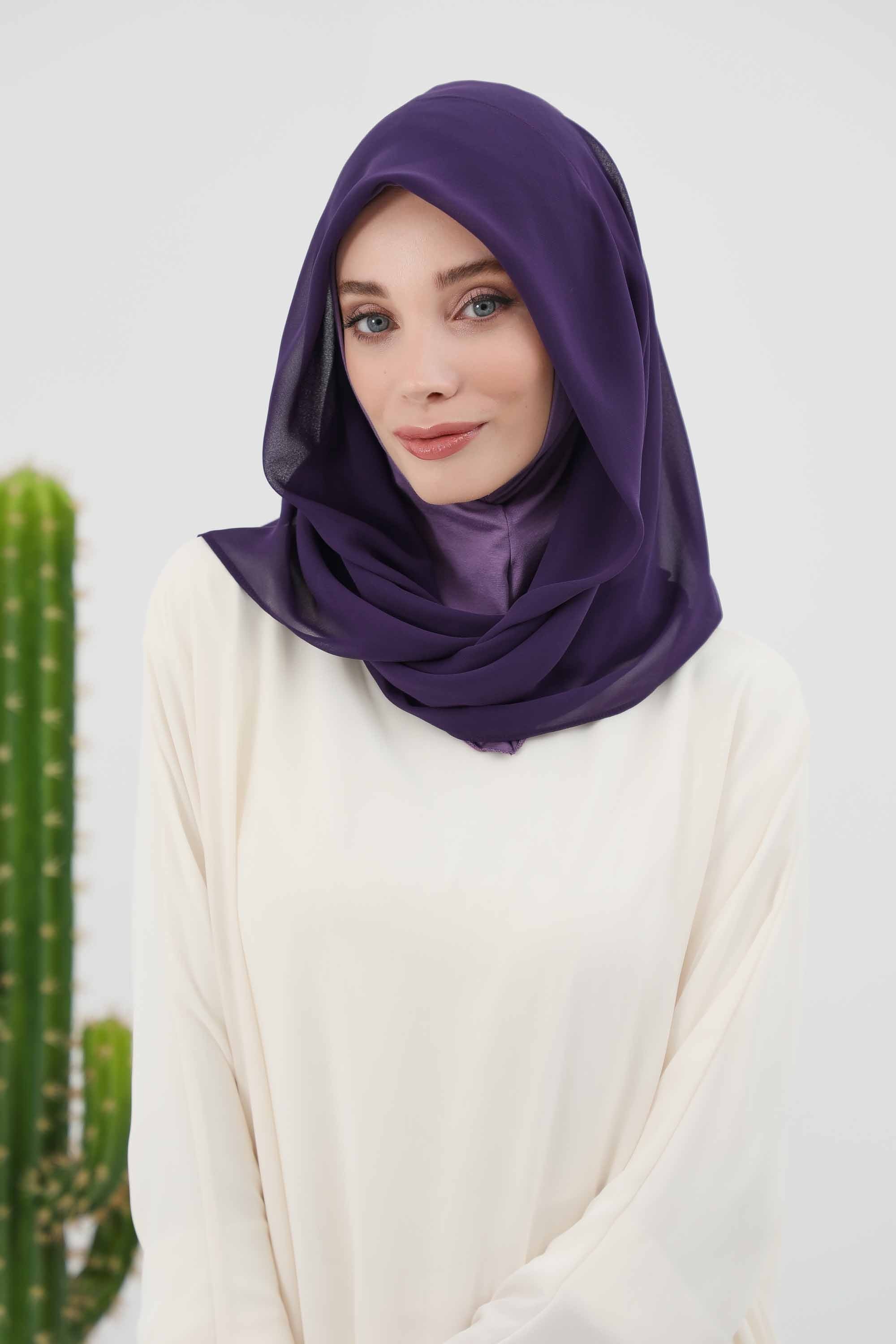Instant Chiffon Shawl for Women With Cotton Bonnet Chiffon Turban Cap Head Wrap Instant Turban Scarf,PS-45 Purple