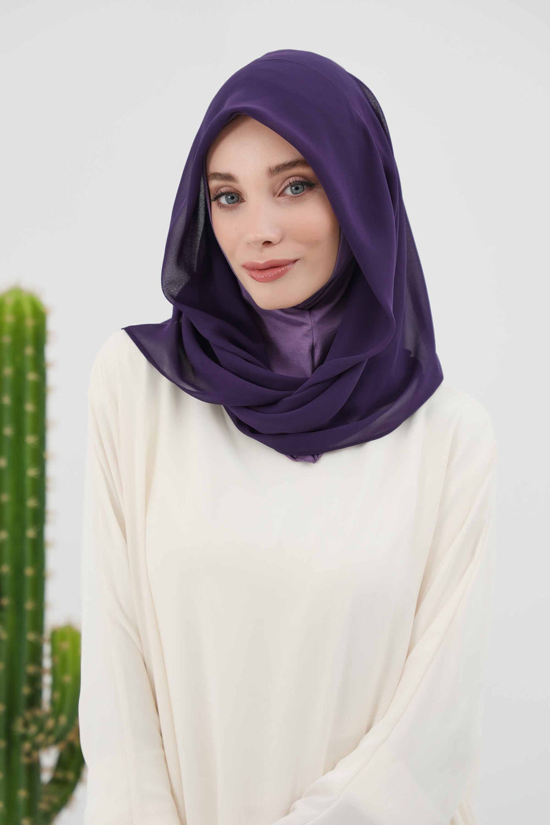 Instant Chiffon Shawl for Women With Cotton Bonnet Chiffon Turban Cap Head Wrap Instant Turban Scarf,PS-45 Purple