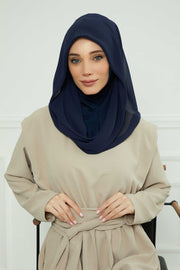 Instant Chiffon Shawl for Women With Cotton Bonnet Chiffon Turban Cap Head Wrap Instant Turban Scarf,PS-45 Navy Blue