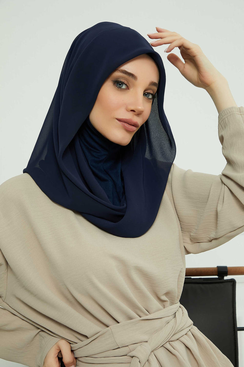 Instant Chiffon Shawl for Women With Cotton Bonnet Chiffon Turban Cap Head Wrap Instant Turban Scarf,PS-45 Navy Blue