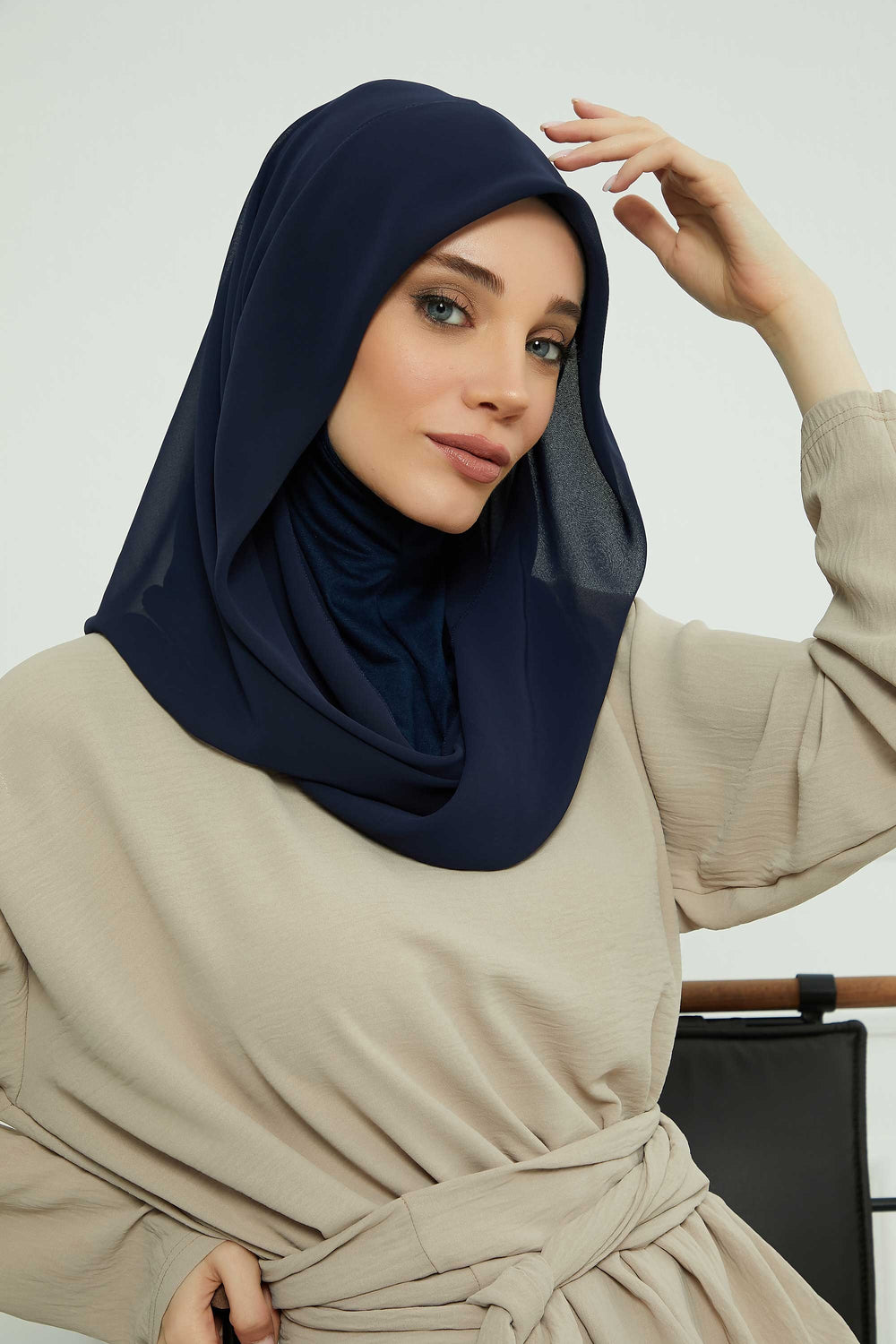 Instant Chiffon Shawl for Women With Cotton Bonnet Chiffon Turban Cap Head Wrap Instant Turban Scarf,PS-45 Navy Blue