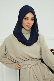 Instant Chiffon Shawl for Women With Cotton Bonnet Chiffon Turban Cap Head Wrap Instant Turban Scarf,PS-45 Navy Blue